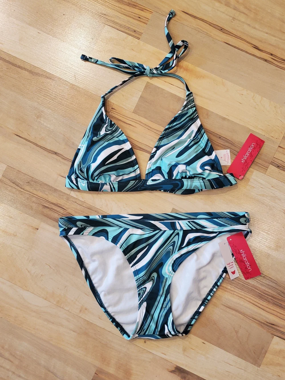 NWT Triangle Halter Bikini Set in Teal Swirl Sz MEDUIM